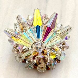 Vintage AB Crystal Starburst Wire Set Beaded Cluster Faceted Pin Brooch 0705 Y